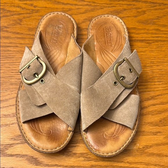 Tan Suede Slide Sandals with Buckle - Picture 1 of 4